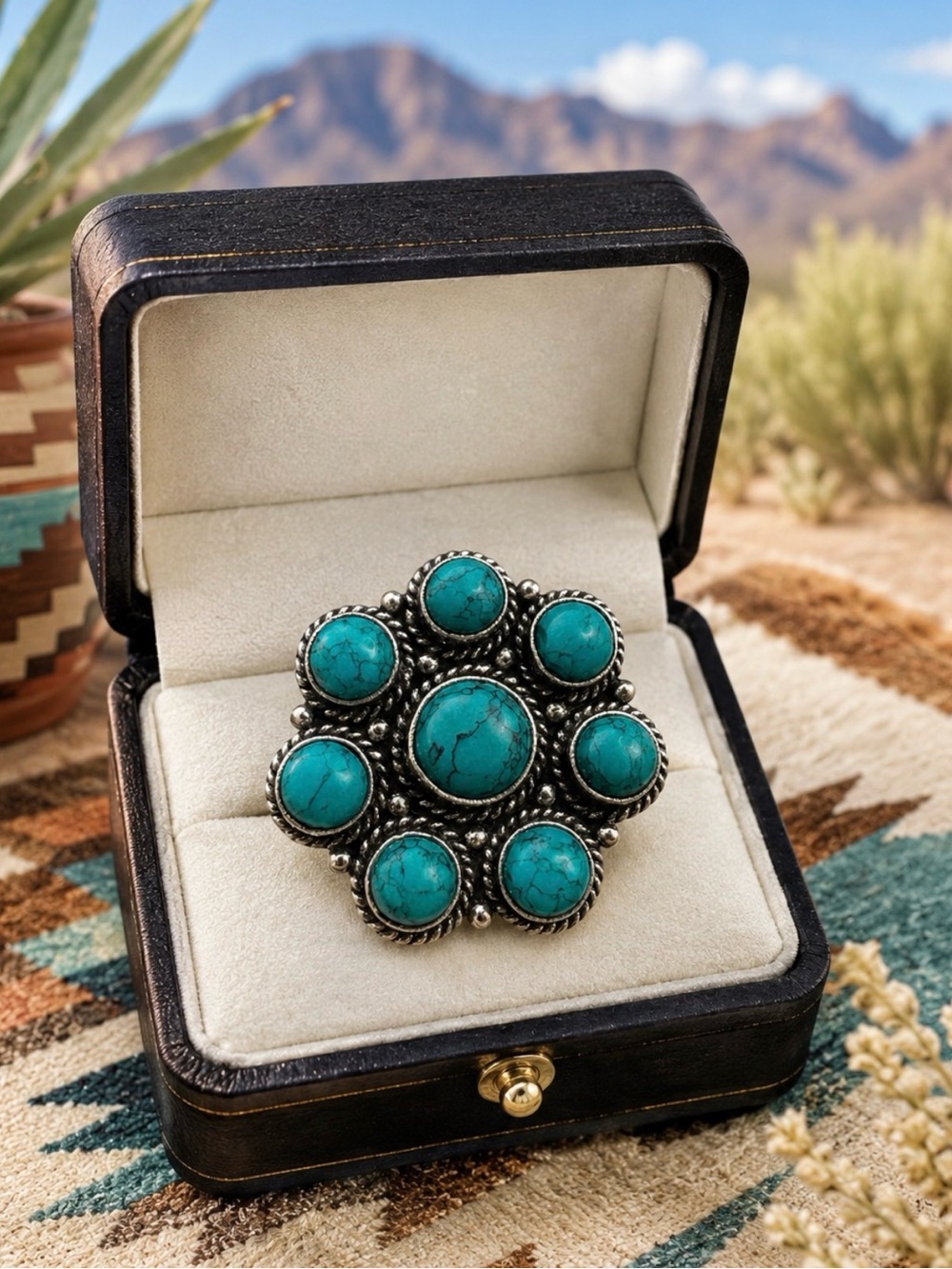 Ring Turquoise Cluster Flower Statement Sterling Silver